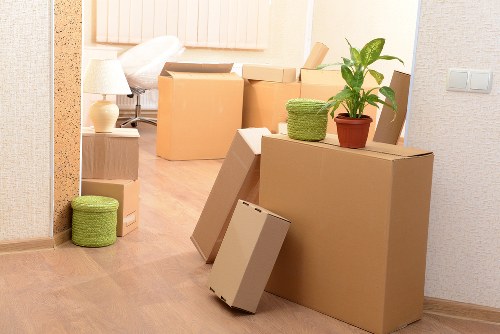 Packed office items ready for a Mayfair business move