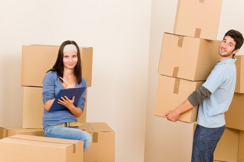 Packed office equipment ready for transport during a Mayfair move