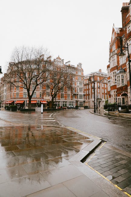 A city street scene in Mayfair featuring parked vehicles including a white van and several cars along the curb on the right side, with the van positioned closest to the foreground. The sidewalk on the left side displays bicycles secured to a black metal railing, with some boxes and packing materials visible nearby. In the background, a red brick building with an arched entryway and decorative white stone details frames the street, with a few people walking near the entrance and additional buildings extending further down the street. The environment suggests an urban area suitable for house removals or furniture transport, with the vans and packing supplies indicating an active home relocation process, supported by the professional services of Man with Van Mayfair.