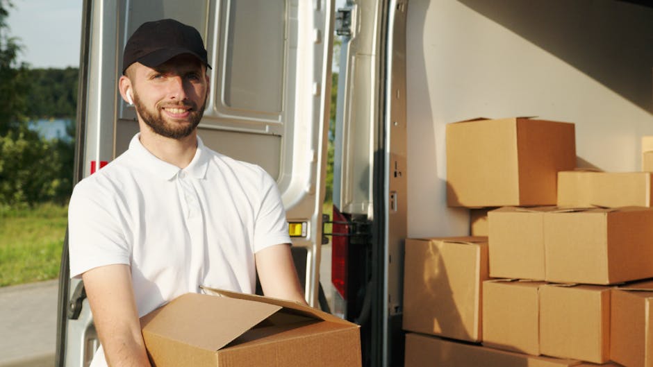A man with a beard and wearing a black cap and white polo shirt is standing outside and holding a cardboard box during a home relocation process. He is positioned near the open rear of a white moving van, which is loaded with several neatly stacked cardboard boxes of various sizes, some wrapped with plastic or packing materials. The van’s interior is partially visible, showing additional boxes and packing supplies, with the door slightly ajar. The background features a green landscape with trees and a blue sky, indicating a clear day. The scene depicts furniture transport and packing activities as part of the moving service provided by Man with Van Mayfair, with the focus on the loading process of household items in preparation for a move, supporting the topic of transparent pricing for Mayfair removals listed on their website.